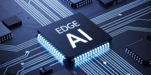 Dark circuit board with glowing "EDGE AI" chip, other components, and light blue circuitry.